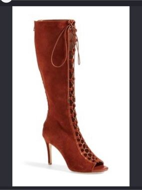 Joie Rust Suede Lace-Up Peep-Toe Knee Boot